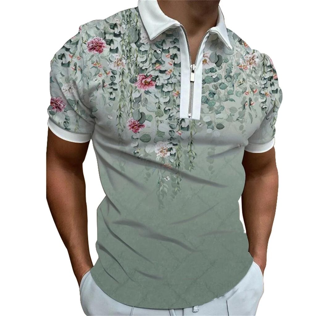 Fashionable and Breathable Summer Personalized Street Flower Print Short-sleeved Lapel Zipper Polo Shirt for Men Men's Clothing