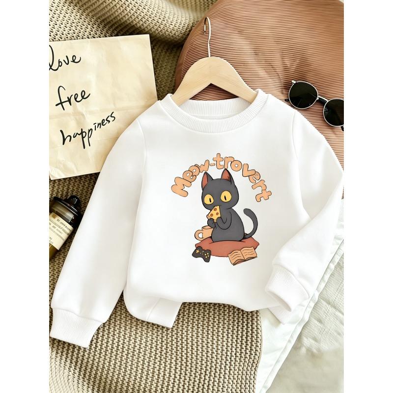 European sizes Cute Printed Pattern Kids Comfortable Children s Spring Lightweight Round Neck Sweatshirt with Cat Eating Pizza Design 110