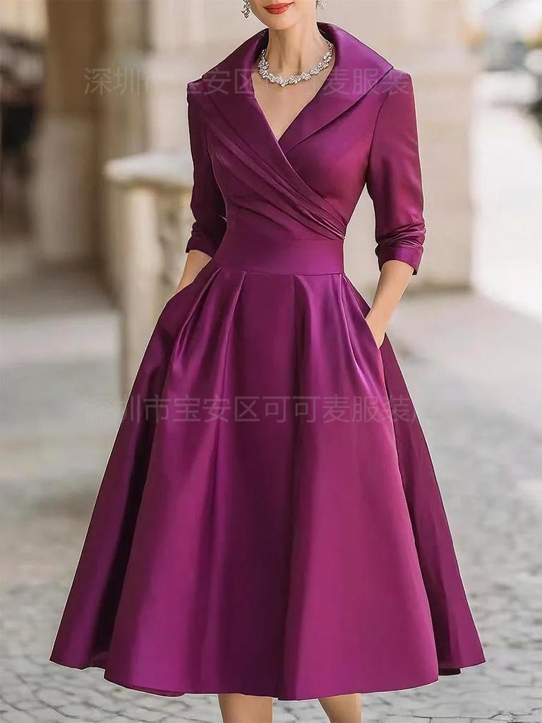 Elegant temperament waist thin dress long sleeves big swing solid color dress women
