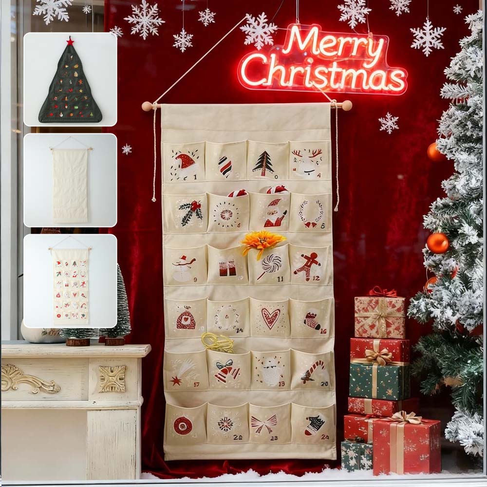 1PC Christmas Advent Calendar with 24 Pockets Soft Canvas Wall Hanging Organizer Festive Decor for Kids Gifts Home Wall Calenda