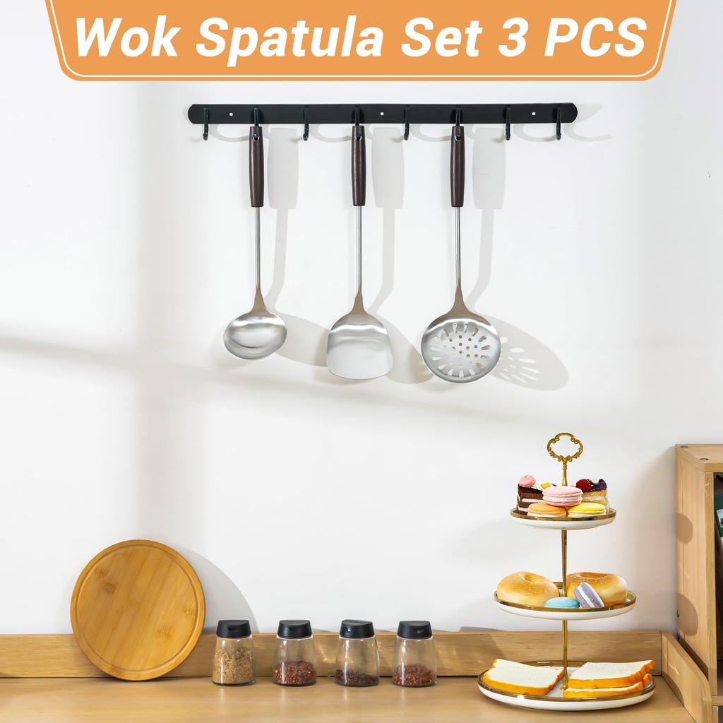 FJNATINH Frying and Skimmer Wooden Handle Stainless Steel Cookware Frying Pan Tool Set Spatula, Spoon, - Cookware, 3-Piece Set,