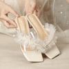 Fashion Pearl Strings Transparent Slippers Women Low Heel Lace Ruffles Sandalias Mujer Clear Band Flip Flops Summer Slides Big Size 43