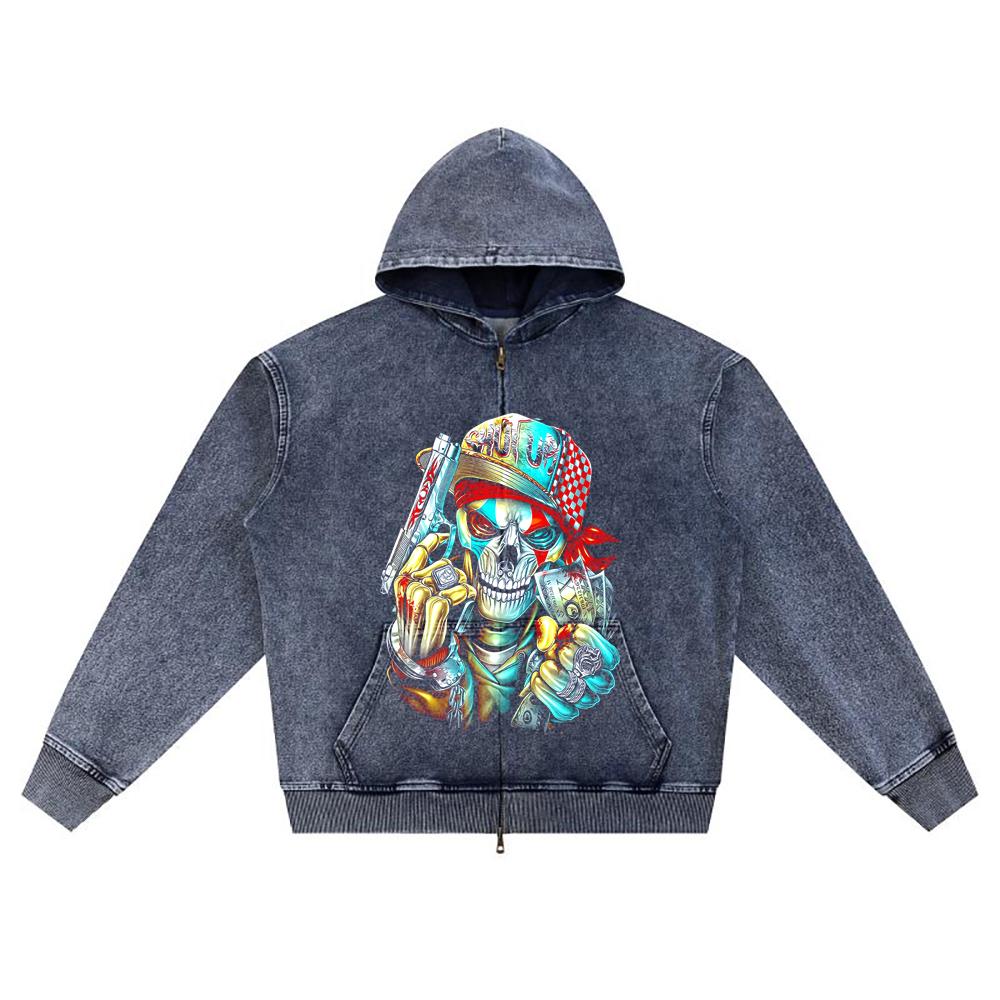 

DTG print Knitted Denim Zip-Up Hoodie skeleton gangster Brother Print Zipper Hoodies XL