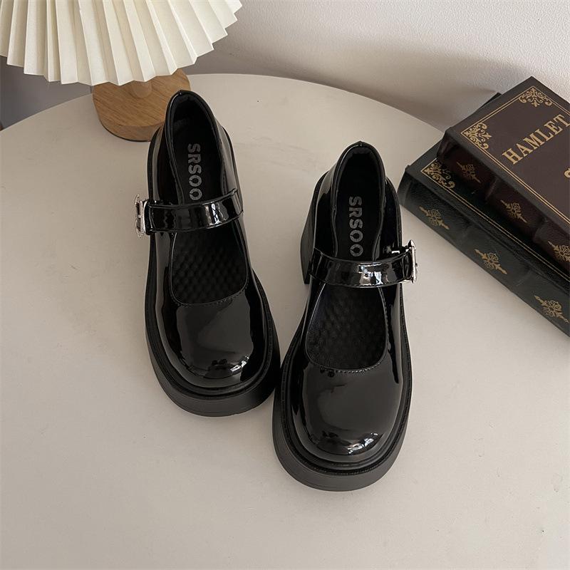 

Black thick heel platform small leather shoes women s 2025 new spring and autumn versatile jk with skirt high heel French Mary Jane shoes 40 чёрный