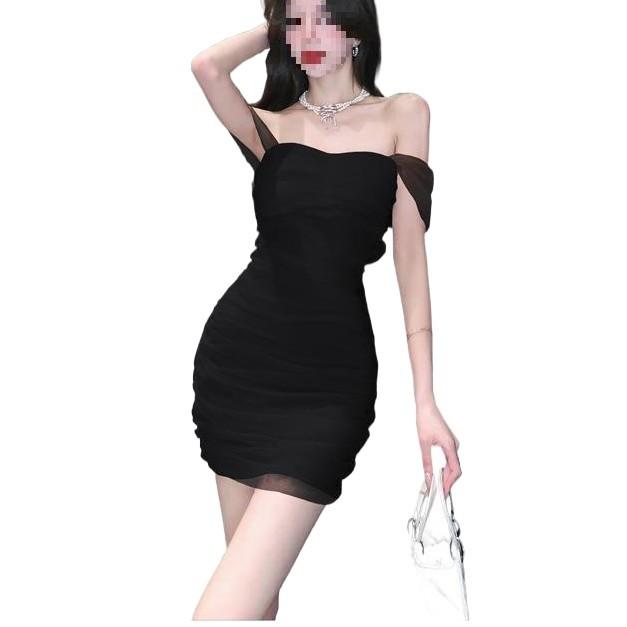 Pure desire style sexy shoulder sleeves mesh pleated dress women's small summer slim-fitting hip skirt short skirt wholesale