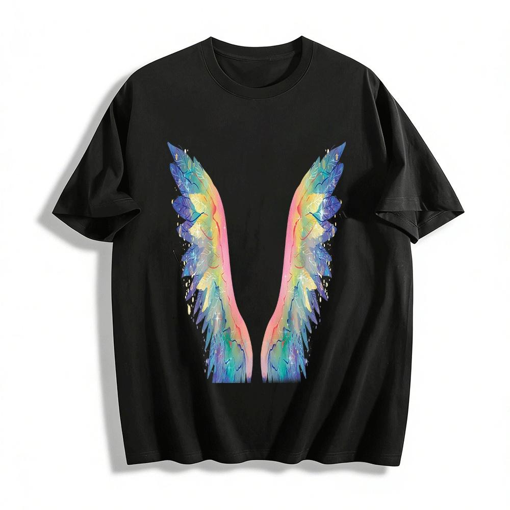 

Gradient Rainbow Wing Print Casual Loose Fit Top Pure cotton T-shirt XXS