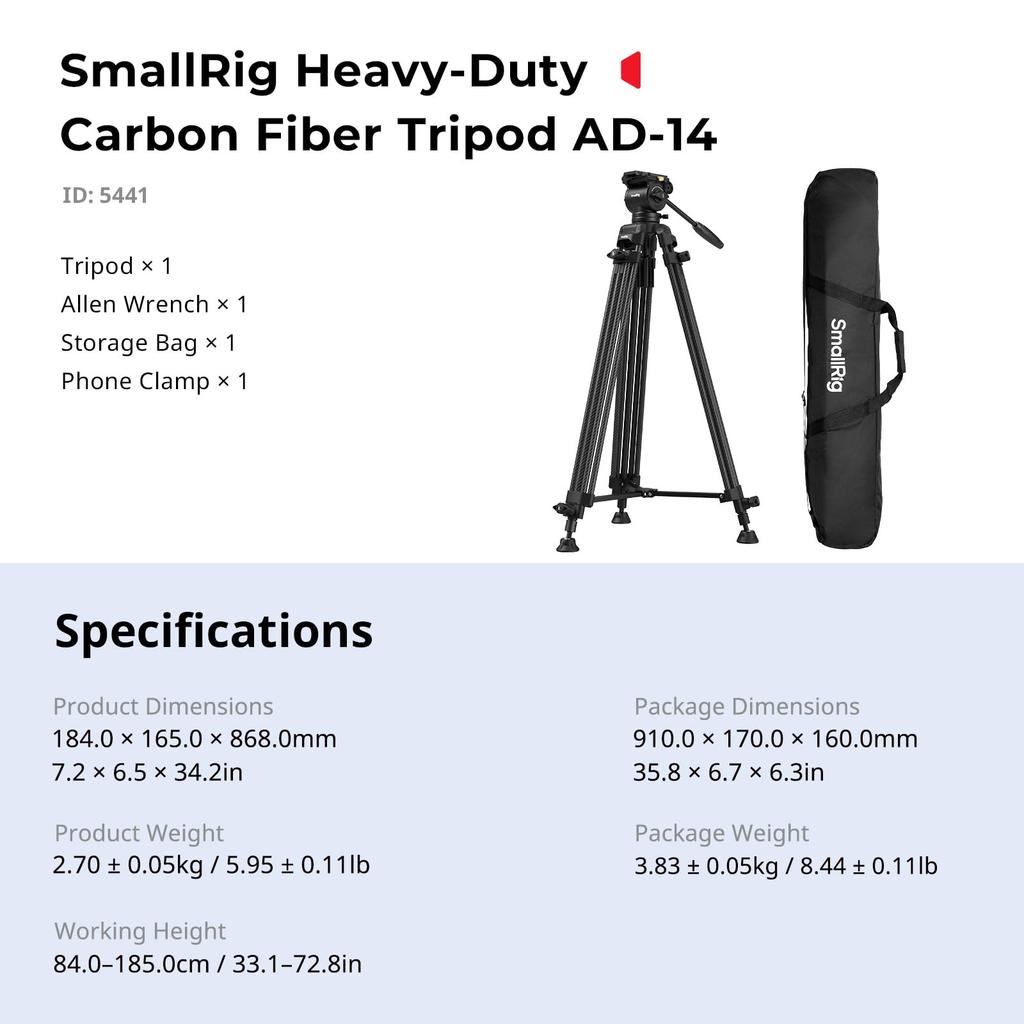 SmallRig AD14 Carbon Fiber Video Max Fluid Head with To Tilt Compact Travel Folded Product 5441 Heavy-Duty Tripod, 185cm, 22.5lbs (10kg) Load, +85°