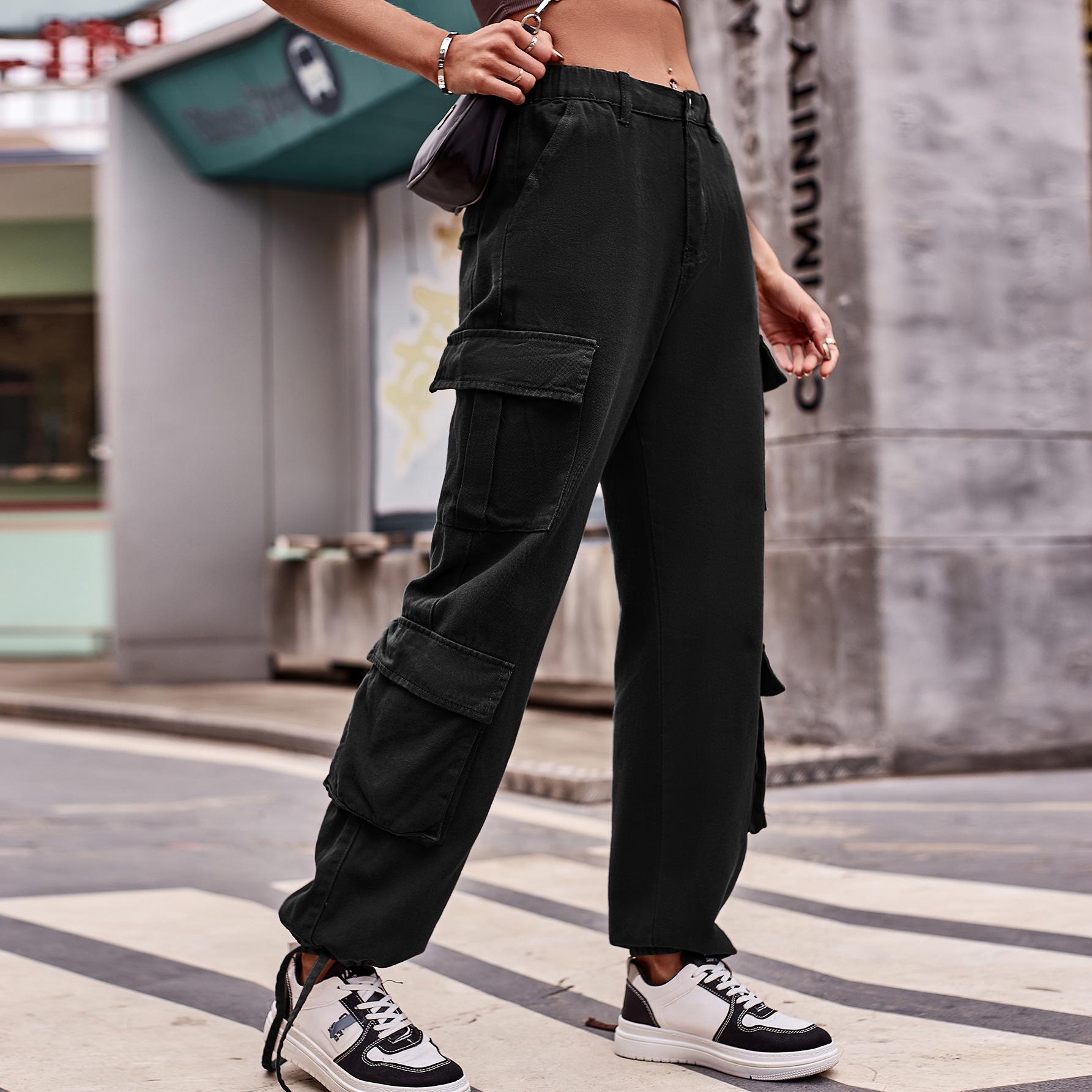 

2023 Loose Drawstring Denim Work Pants for Women - Casual European & American Style Medium чёрный