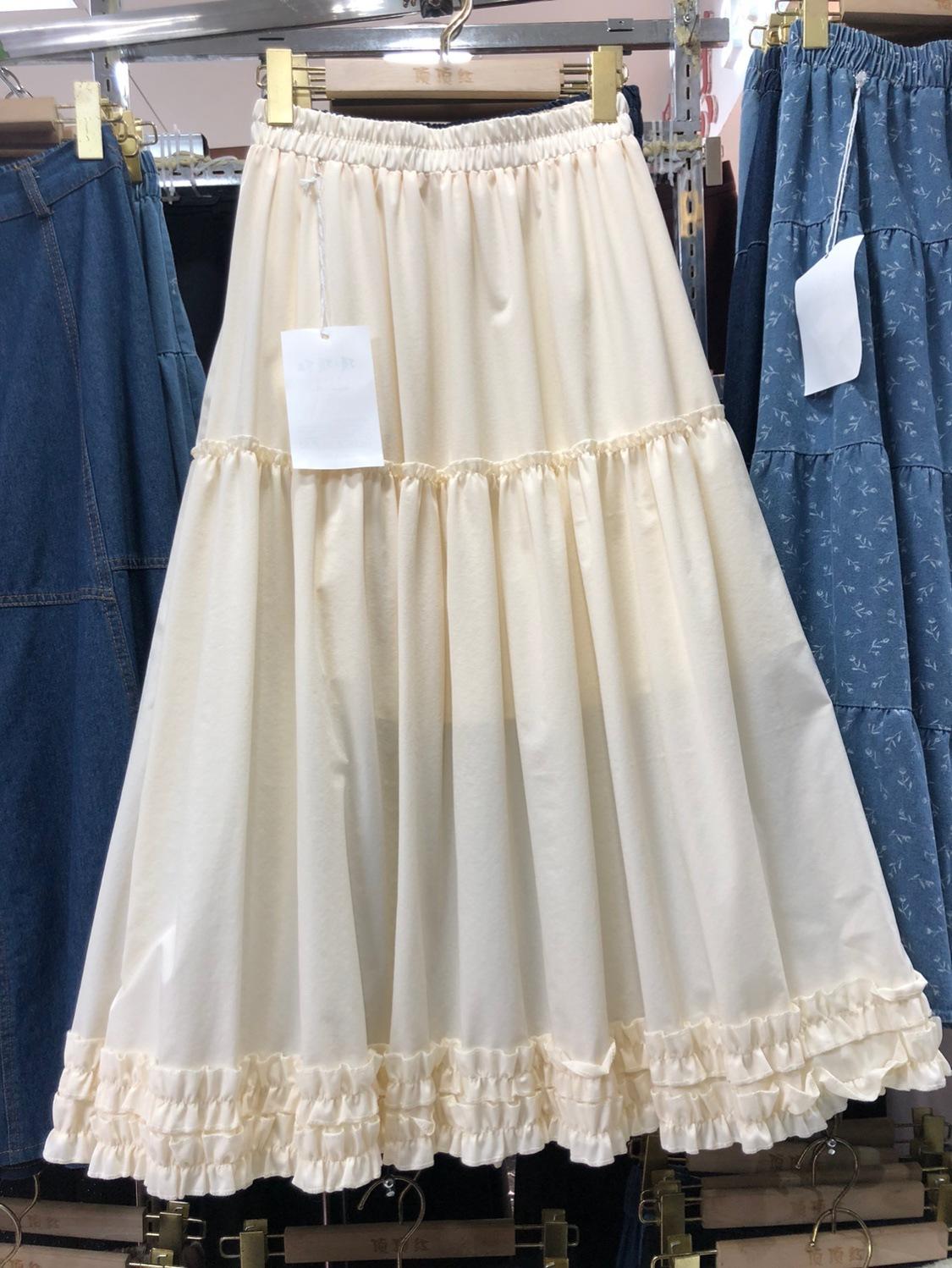 

Платье с завышенной талией и эластичным краем из листьев лотоса абрикосового цвета с персонажем средней и длинной длины для женщин 2025 года, весна, новая корейская версия, милая универсальная юбка One Size