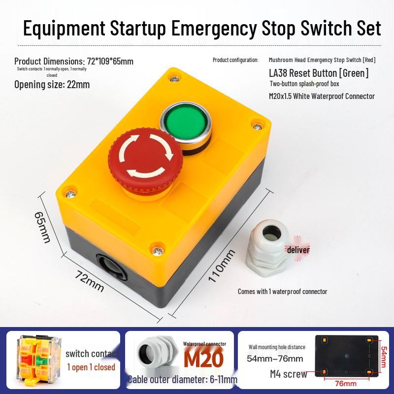 22mm Waterproof 220V Button Switch Combo: Start/Stop/Emergency Stop/Power Indicator Light