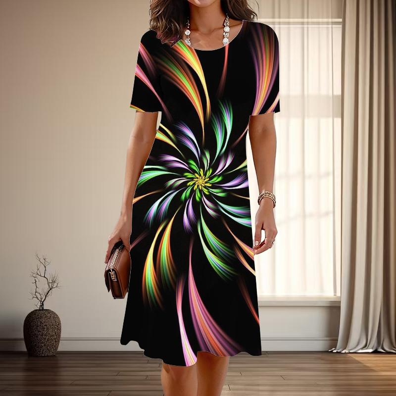 

Женская мода изящный абстрактный принт лето весна короткий рукав О-образный вырез повседневные платья XL разноцветный