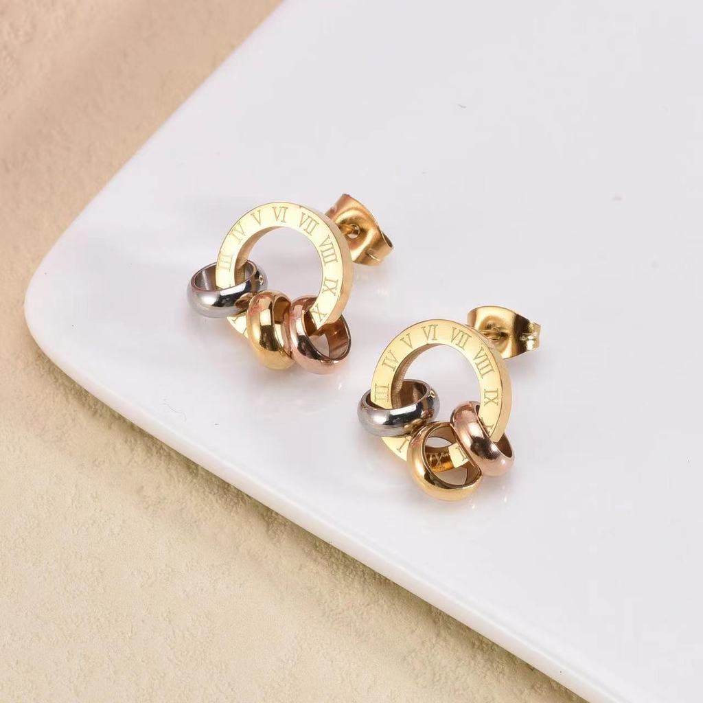 Vintage Geometric Titanium Steel Dangle Earrings With Roman Number Design For Women