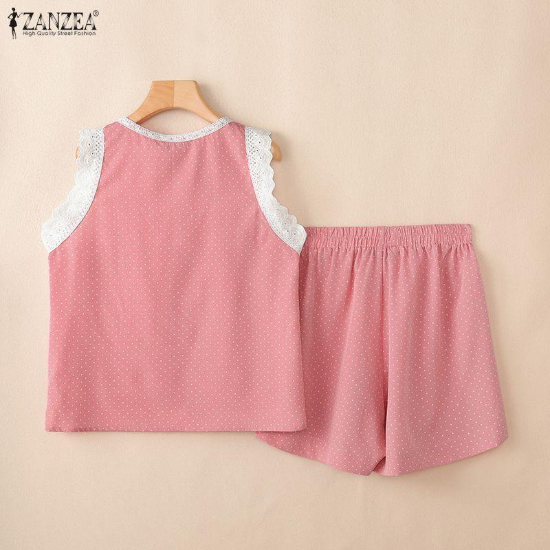 ZANZEA Women Sleeveless Vest Tops and Shorts Casual Polka Dot Print Two Piece Sets