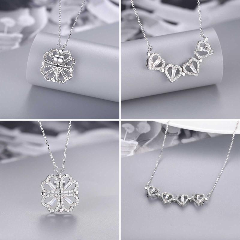 Heart Shaped & Four Leaf Clover Convertible Pendant Necklace Advanced Sense Necklace Crystals Jewelry for Women Girls