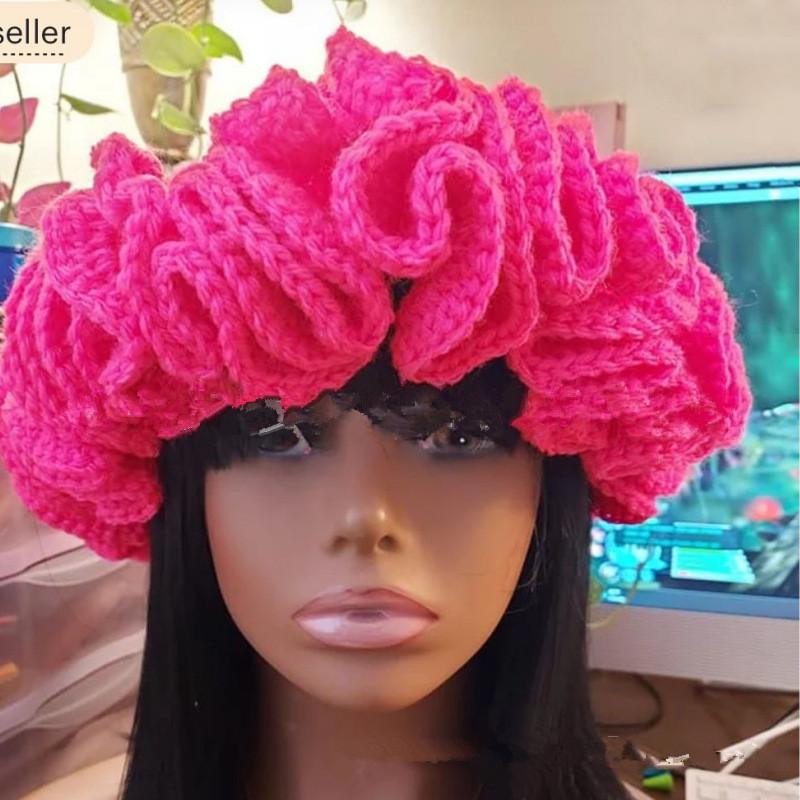 NEW Women Crochet Bucket Hats Y2k Fashion Pleated Ruffles Knitted Hat