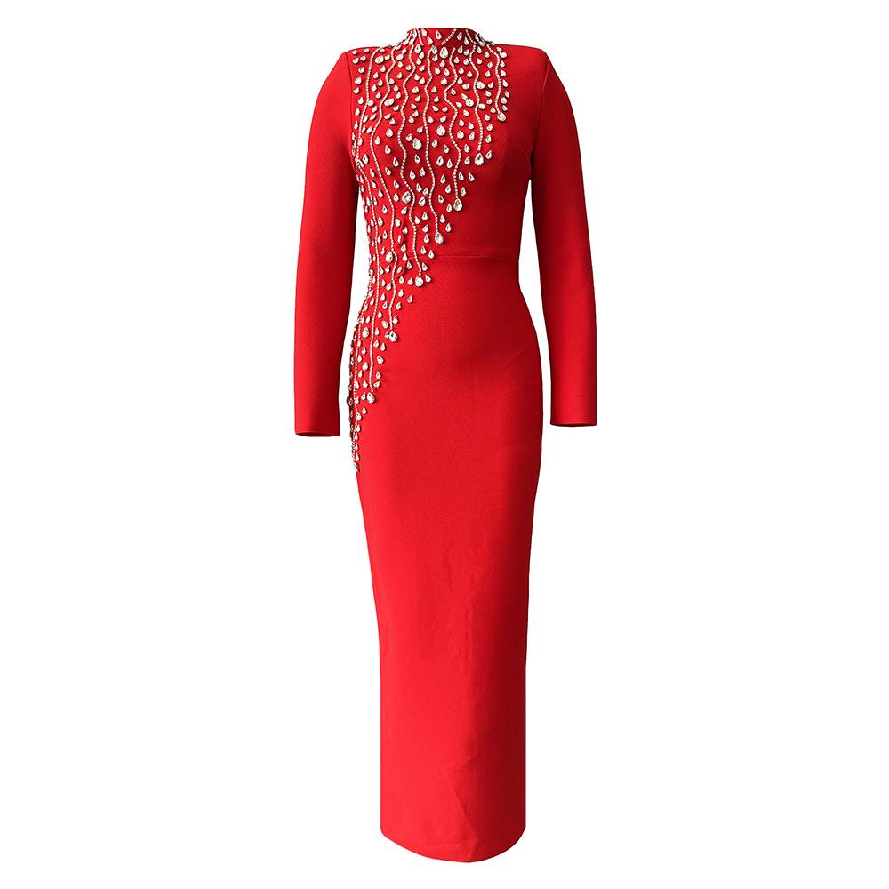 Elegant Hand-Beaded Long-Sleeve Bandage Evening Dress