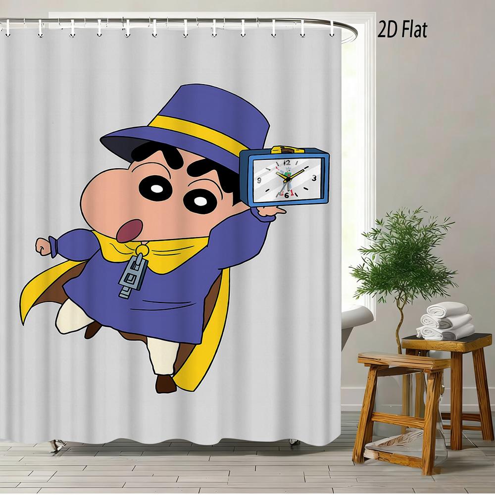 Crayon Shin-Chan & Himawari & Shiro & Leopard & Rooster Jungle Adventure Scene 2D Print Waterproof Shower Curtain, Bright Green