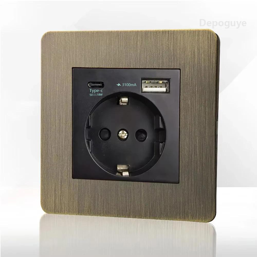 Retro Eu Metal Panel Wall Toggle Light Switch Socket,Bronzed Antique Stainless Steel German 16A Socket with USB Phone Charging