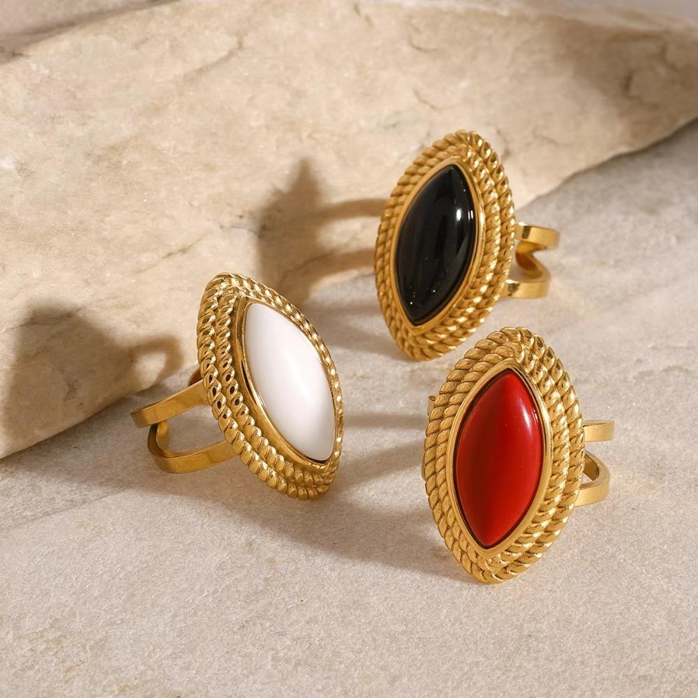 Stainless Steel Agate Oval Opening Rings Waterproof Natural Stone Texture Glossy Shine Ring Gold Color Geometric