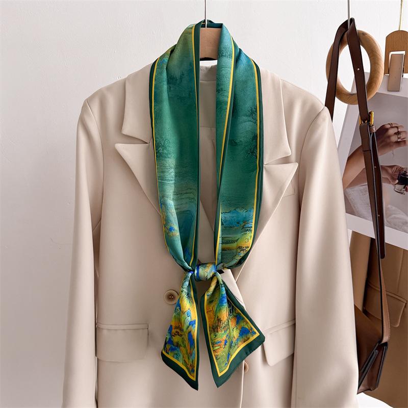 New temperament double-layer scarf streamer strap bag decoration suit scarf small long headband silk scarf women's printing narrow