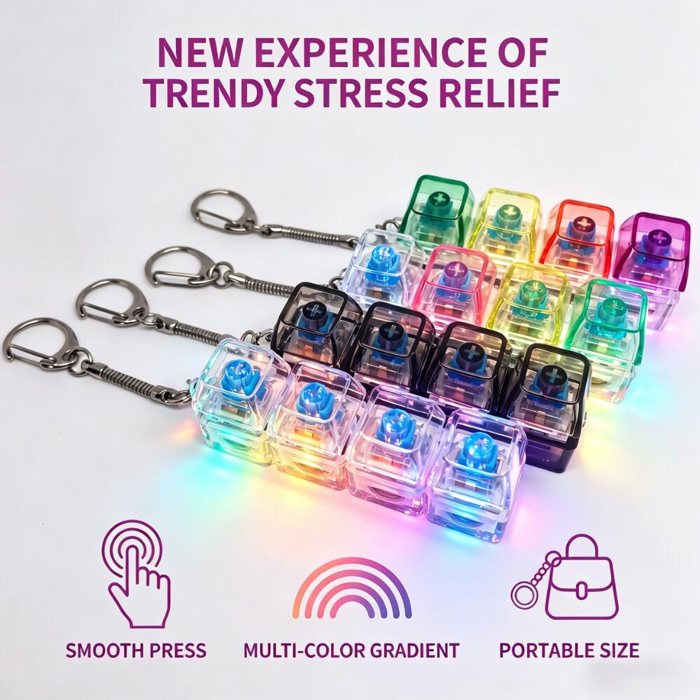 Heißer Multi-Stil LED-Leuchtender Tastenkappen-Schlüsselanhänger Clicker Fidget-Spielzeug Stressabbau Tragbares Schreibtischzubehör Für Kinder Erwachsene