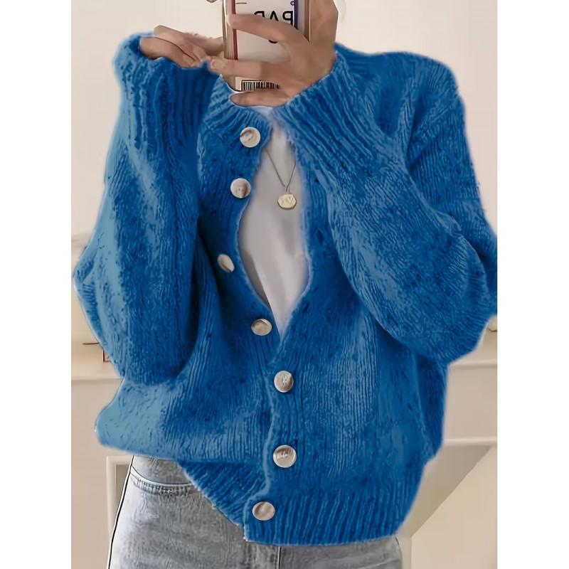 Womens Knit Cardigan Sweater Short Loose Fit Round Neck Single Button Front Fall Winter Casual Wear