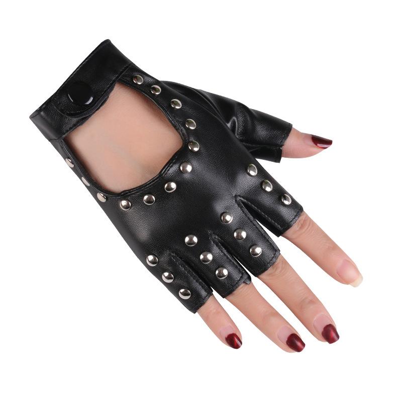 Women's Dance Half Finger Gloves Performance Short Cyberpunk Rivet Pole Dance Dew Finger Street Dance Nightclub Leather Gloves