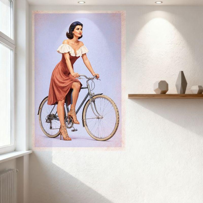 Sexy 1950s Pin - Up Style Woman On Vintage Silver Bicycle Retro Dress Metal Tin Sign for Bar Pub Home Wall Decor