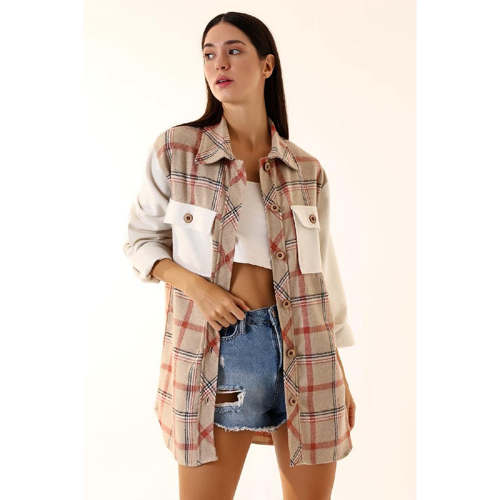 Grau-rosa kariertes Oversize-Holzfällerhemd für Damen