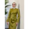 Satin Evening Dress With Sleeve Fringes, Oil Green