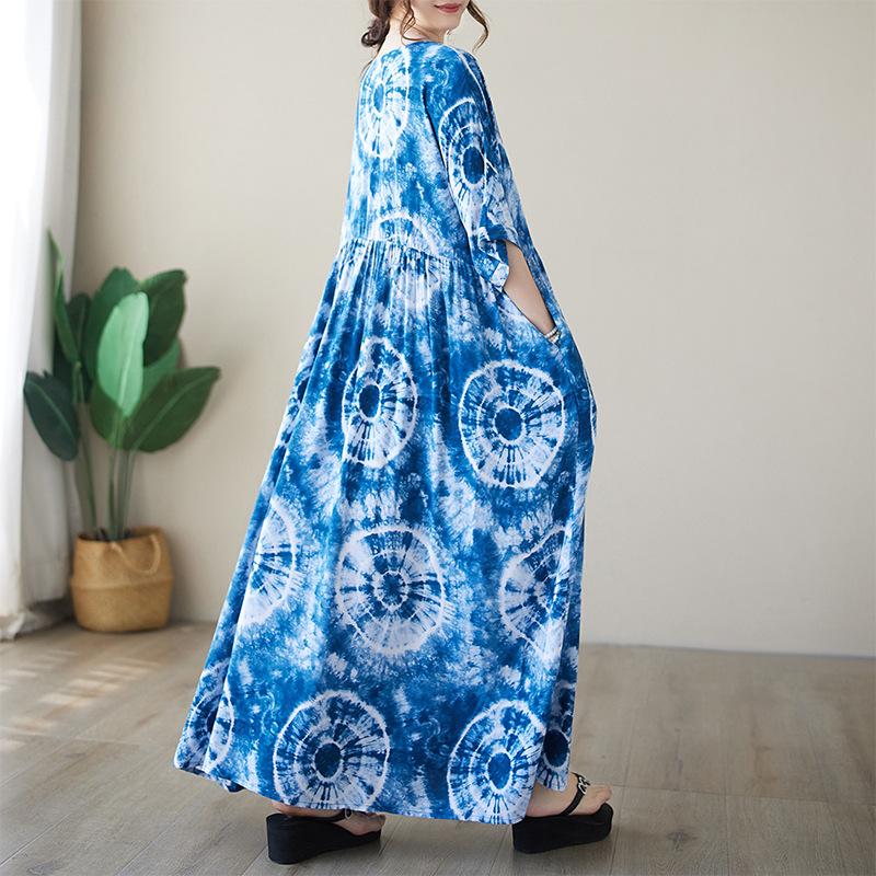 Thin Cotton Round Neck Tie Dye Printed Simple Medium Long Dress for Women Casual Dresses