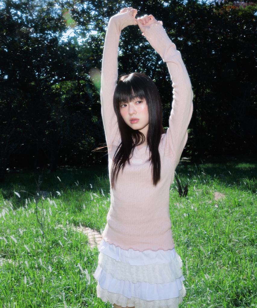 ROSEFRANTZ Lace Label V-Neck Long Sleeve [Pink]