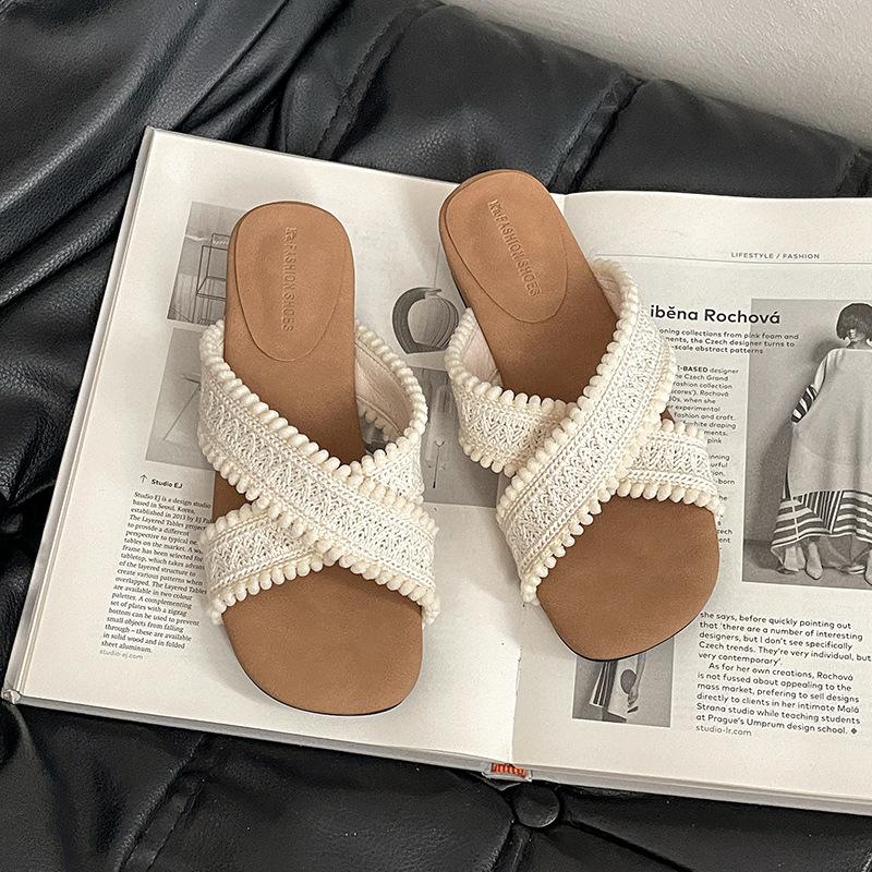 

Retro slope heel slippers women s summer wear portable cross belt Korean version versatile flat bottom one pedal slippers tide 40 абрикосовый