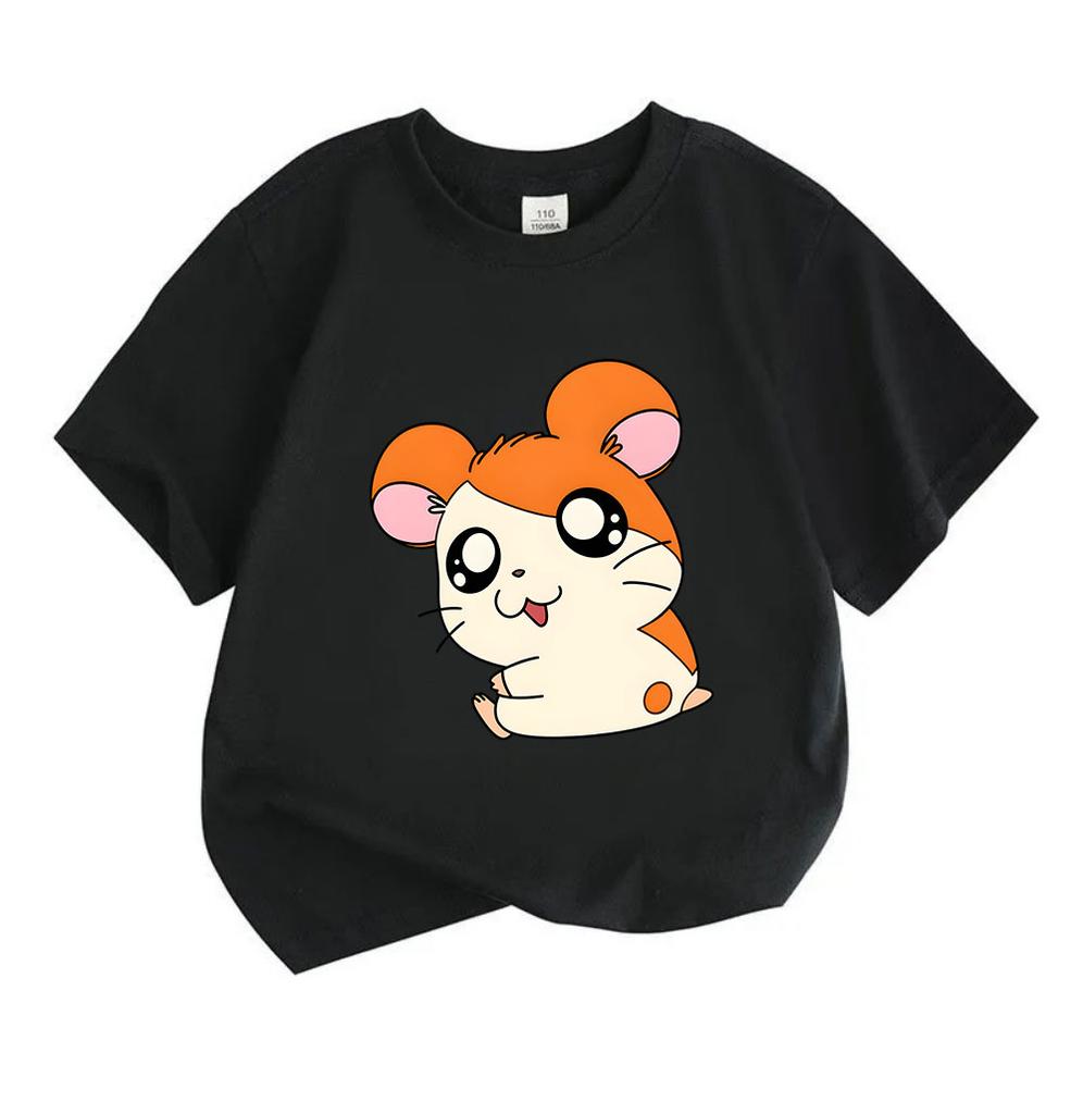 Kids Boys Girls 100% Cotton Crew Neck Short Sleeve T-Shirt, Cute Orange White Cartoon Hamster Print Casual Soft Breathable Tee for Children Daily Wear