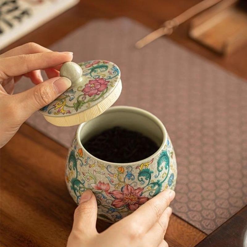 Chinese Ceramic Tea Caddy Colorful Flower Candy Jar Home Portable Coffee Beans Nut Medicinal Materials Storage Box Home Ornament