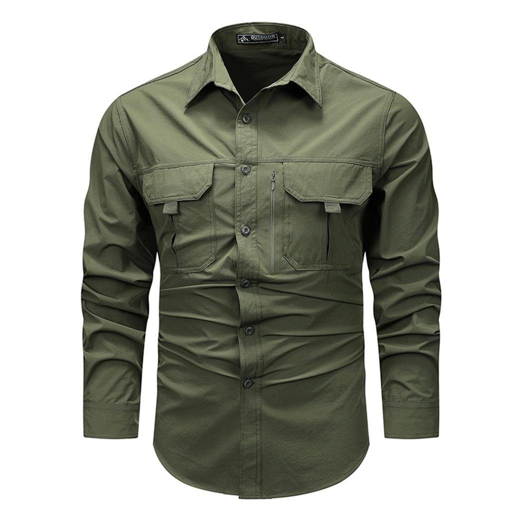 Men's Vintage Loose Fit Casual Work Shirt Long Sleeve Button Down Outdoor Utility Shirt with Multiple Pockets and Durable Fabric