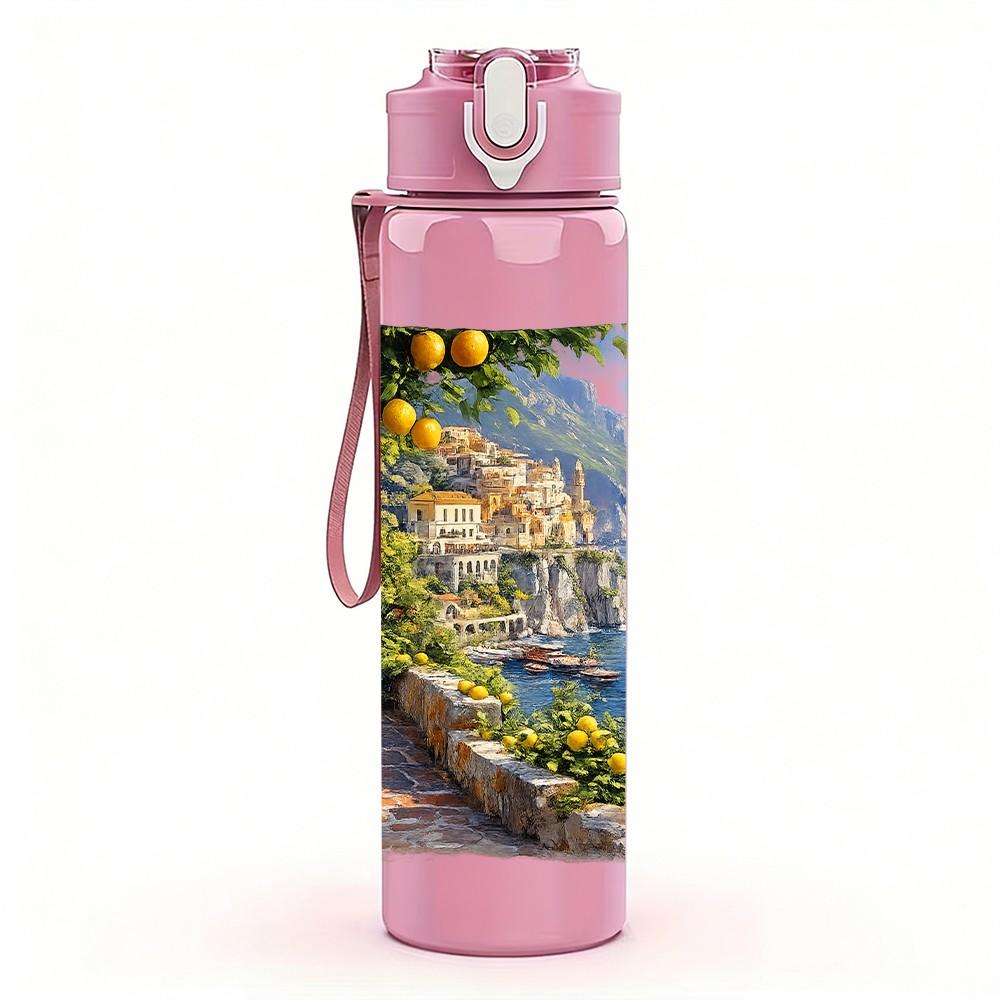 1PC Mountain Village Coast Landscape Print 750ml Color Plastic Sports Water Bottle Leakproof Flip Straw Lid Suitable for Sports Office Home Use