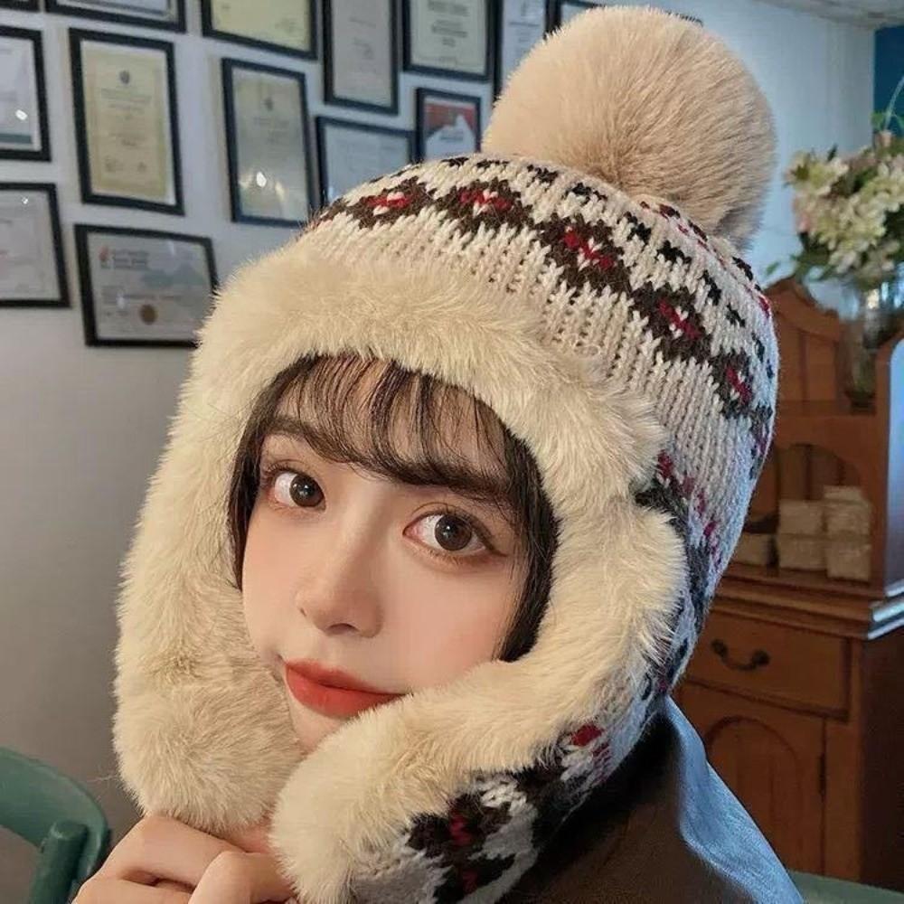 New Pompom Warm Hat Warm Windproof Pullover Cap Coldproof Beanie Hat for Outdoor Cycling Skiing