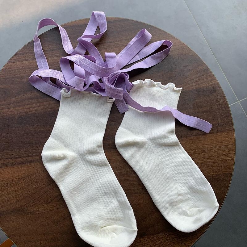 Balletcore Lace-Up Socks with Ruffled Cuff, Sweet Lolita Ribbed Crew Socks for Women, Y2K Aesthetic Leg Warmers Accessories