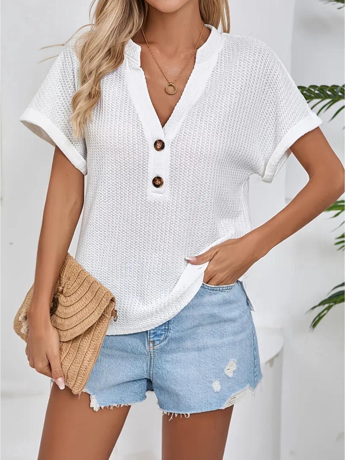 

Женская повседневная вафельная футболка с V-образным вырезом, коротким рукавом и пуговицами, весна-лето L белый