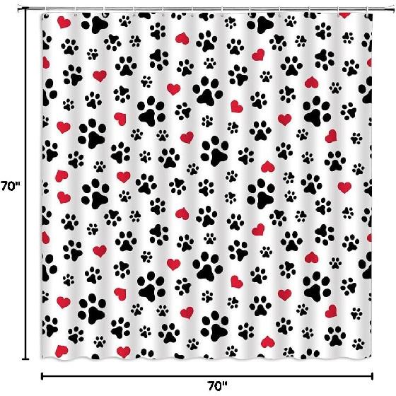 Dog Paw Print Shower Curtain Pet Lovers Cute Kitten Cat Footprint Red Love Heart Abstract Geometric Drawing Style Animal Decor Boys Girls Polyester