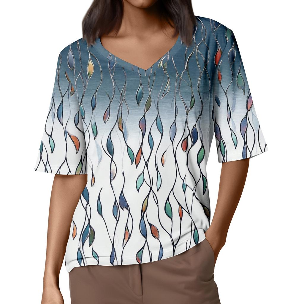 Women's V Neck T Shirts Half Sleeve Tops Printed Casual Summer Tees T Shirt Blouse
