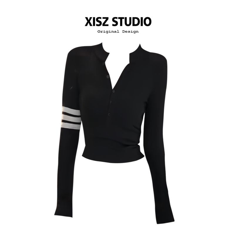 

American-Style Spicy Girl Three-Stripe Slim-Fit Knit Top for Women, Spring and Summer College Style, Elegant Short Inner Layer Base Shirt Black [High Quality] S