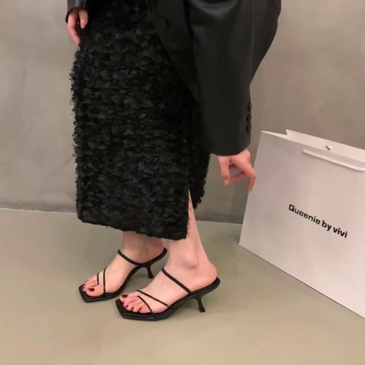 Fashion 2025 New Genuine Leather Retro Square Toe Pinch Sandals Fashion High Heel Slippers Women Women's Sandals