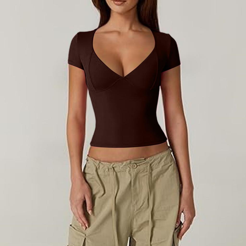 Women's Top Slim Fitting T-Shirt V-Neck Top With Bottom Short Sleeved Sexy Solor Top T-shirt