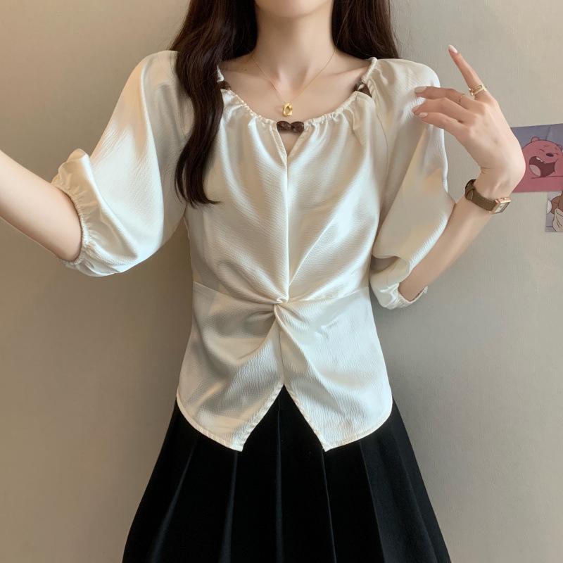 European French Satin Short-Sleeve Plus Size Irregular Waist-Cinched Women s Summer Top - White 3XL абрикосовый