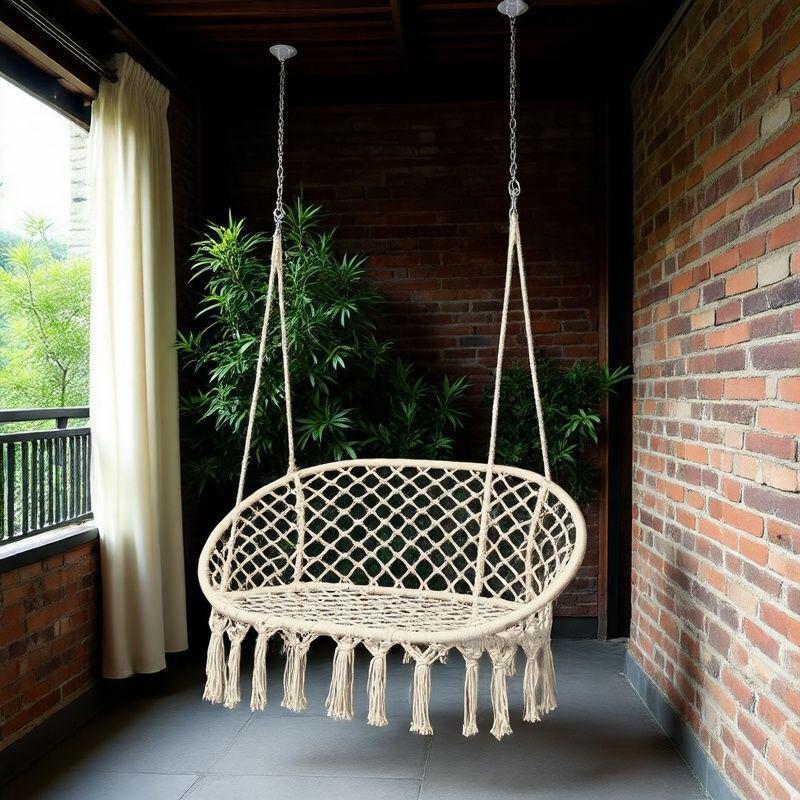 Nordic Indoor Outdoor Double Hanging Chair Swing with Tassel Cradle - Cotton and Linen Hammock for Homestay or Balcony.