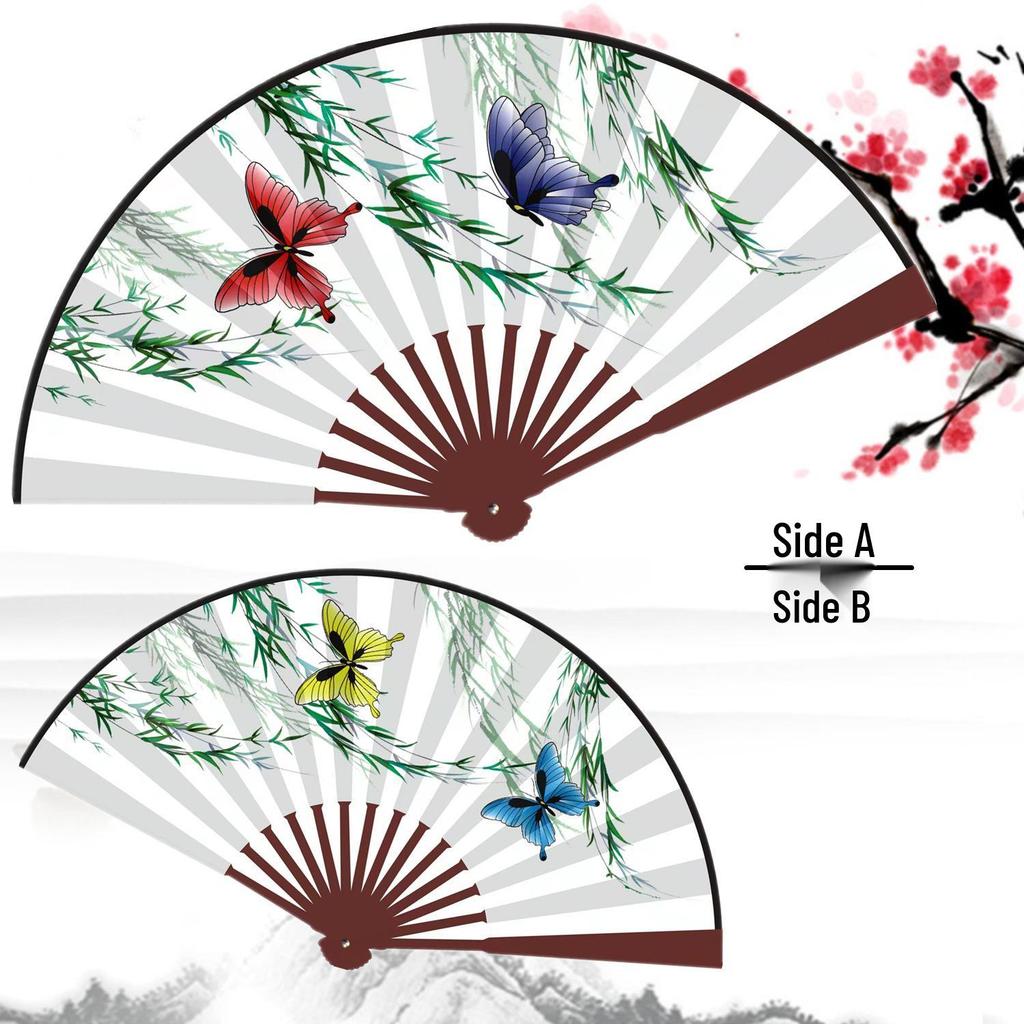 Consort Yang's Drunkenness Folding Fan - Plum Blossom, Peony, Pear Blossom Design with Peking Opera and Liangzhu Butterfly Themes