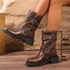 Fashion Vintage Buckle Strap Mid-Calf Boots for Women Brown Pu Leather Motorcycle Shoes Woman Autumn Winter Chunky Heel Booties Fashion