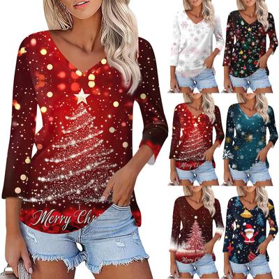 Shirt For Women's Fashion Casual V Neck 3/4 Sleeve Loose Christmas Printed T-Shirt Ladies Top